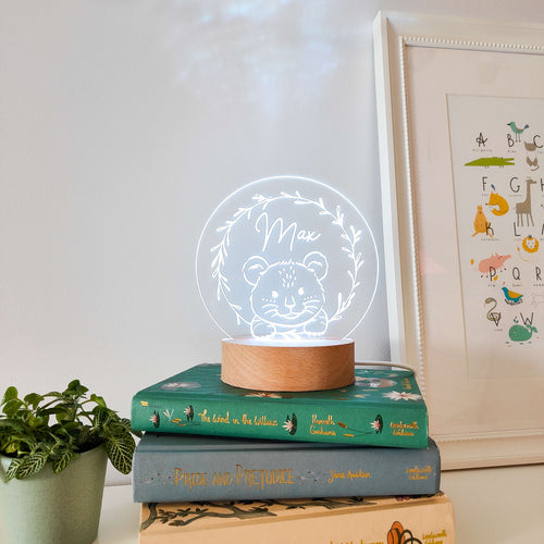 Photograph of personalised lion cub night light by The Crafty Stag